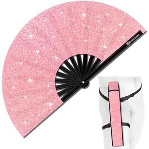 Raveahem Glitter Large Rave Folding Clack Hand Fan with Holster for Men/Women Handheld Fan for EDM,Festival,Club,Party,Dance (Pink)