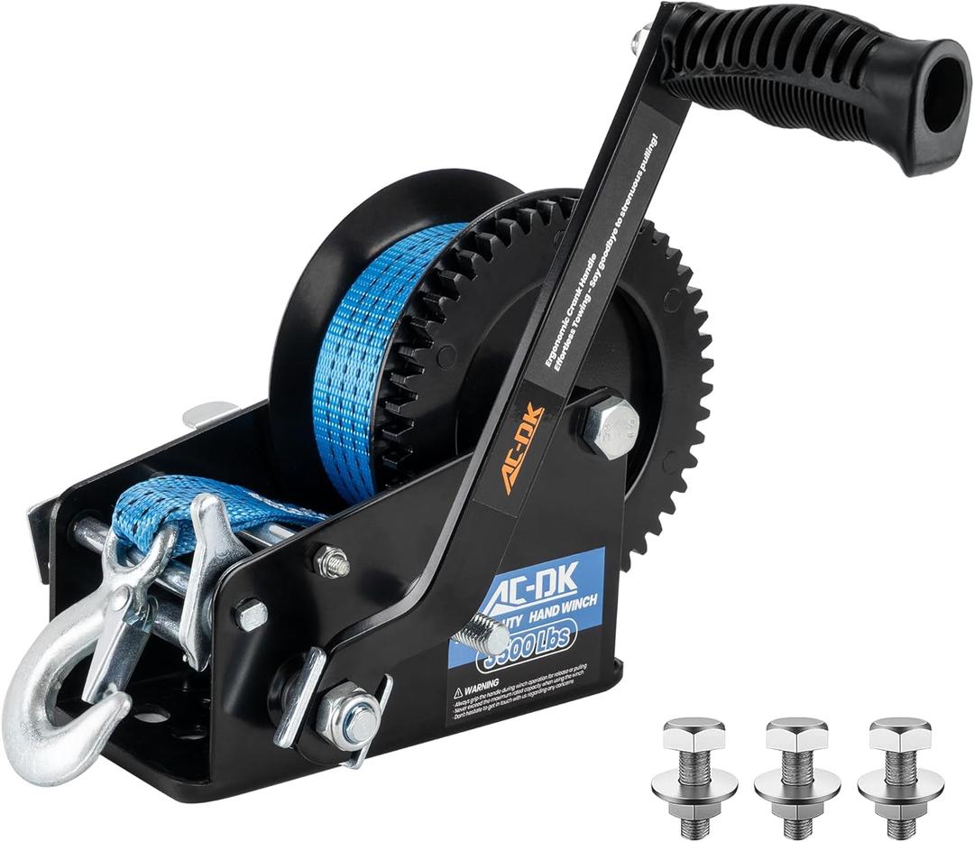 AC-DK 3500lbs Heavy Duty Boat Trailer Winch with 32FT Strap2-Way Ratchet 4:1/8:1 Gear Trailer WinchPortable Hand Crank Winch for Boat, Truck, Trailer, RV, ATV, Jet Ski