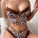 SOLY HUX Women's Leopard Print Lace Lingerie Set Chain Bra and Panty Underwear Sets Multicoloured Leopard Medium (M)