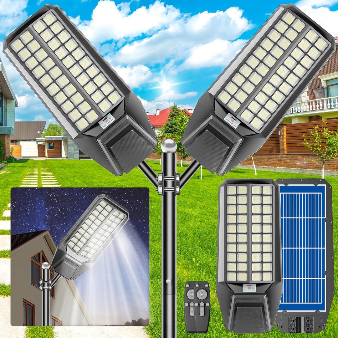 2-Pack 8000W Solar Street Light - 600000 Lumens, Dusk-to-Dawn, Waterproof, Ideal for Commercial & Outdoor Parking Lots - Energy-Efficient Solar-Powered