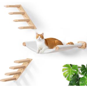 Cat Wall Hammock Set of 3, Wall Shelves with 1 Floating Fabric Hammock, 2 Cat Ladders with 4 Steps Each, Wall Mounted Bed Furniture & Climber for Large Cats