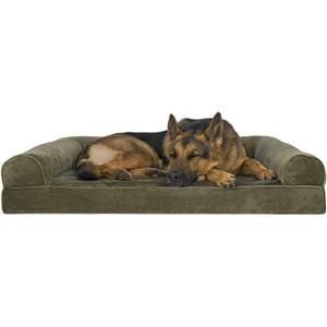 Furhaven Orthopedic Dog Bed for Large Dogs w/ Removable Bolsters & Washable Cover, For Dogs Up to 95 lbs - Faux Fur & Velvet Sofa - Dark Sage, Jumbo/XL