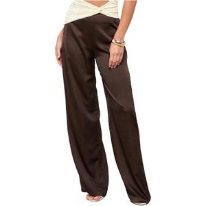 WDIRARA Women's Satin Pants Elastic Waist Wide Leg Pants Loose Trousers (Brown, L)