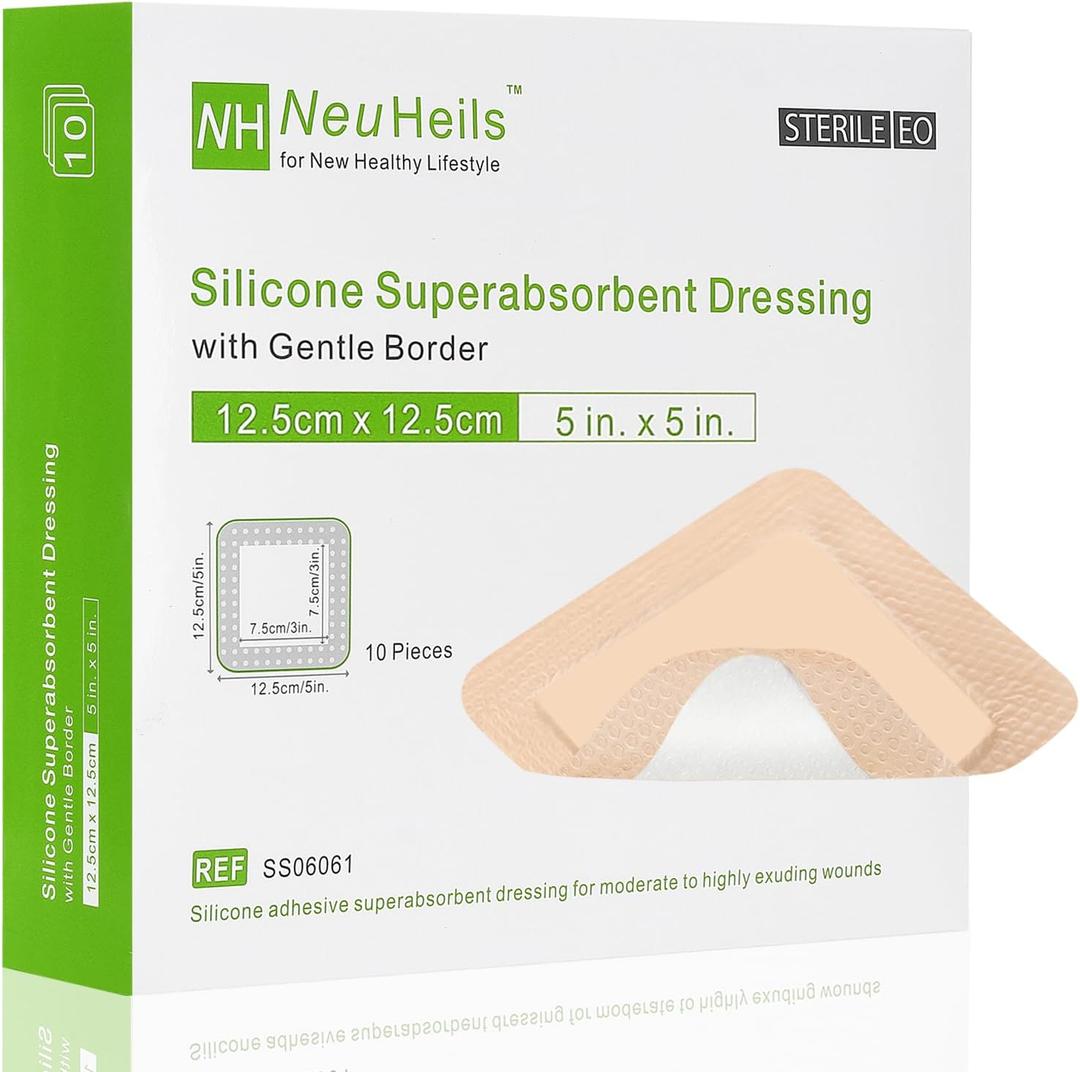 NeuHeils Silicone Super Absorbent Wound Dressing 5''x5'' 10 Packs, Self-Adhesive Waterproof Bandage with Ultrasorb Polymer Pad for Heavy Exudates Wound