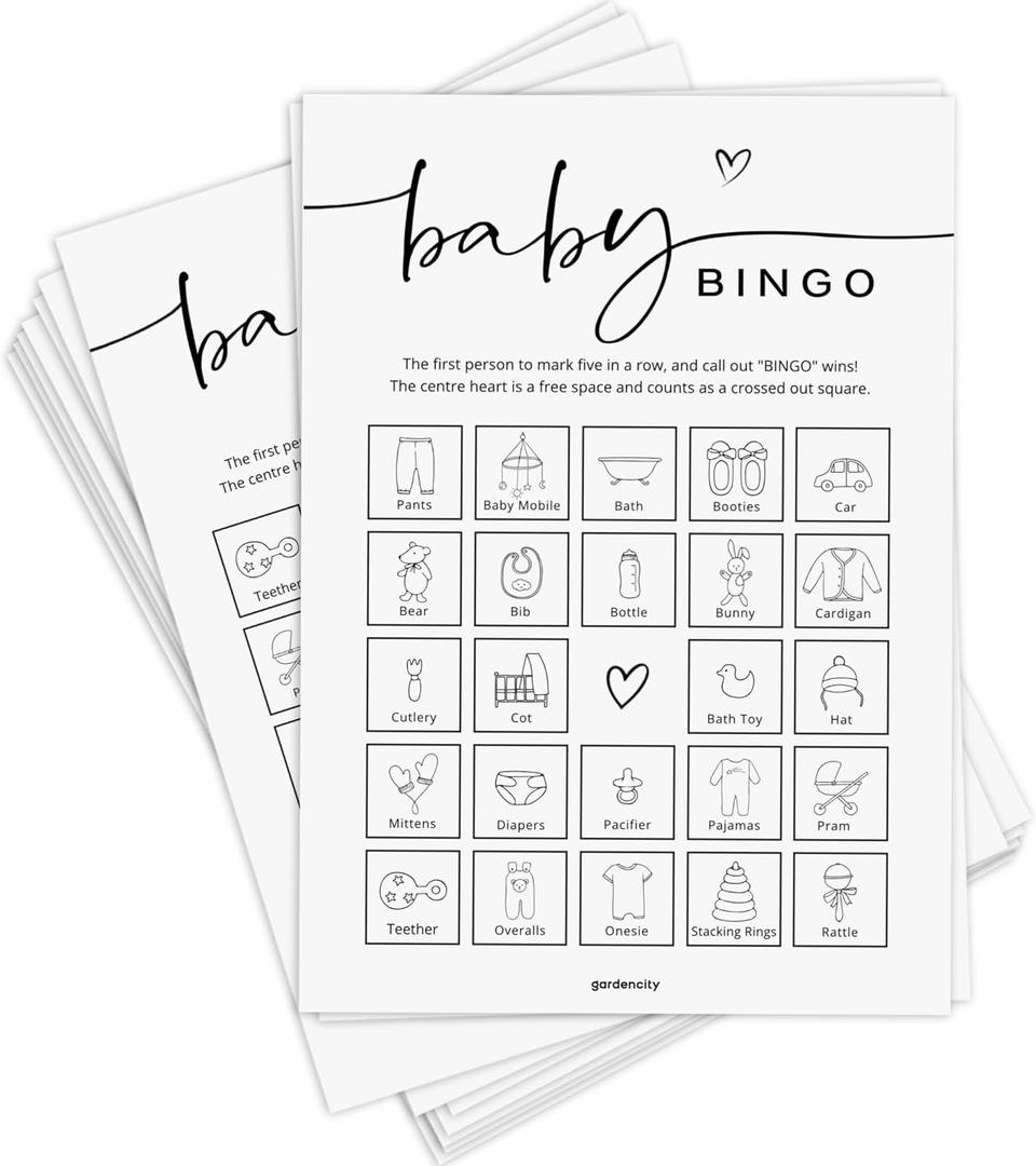 GardenCity Baby Shower Games, Baby Shower Bingo Game, 50 Pre-Filled Cards, Boy or Girl, Gender Neutral, Minimalist