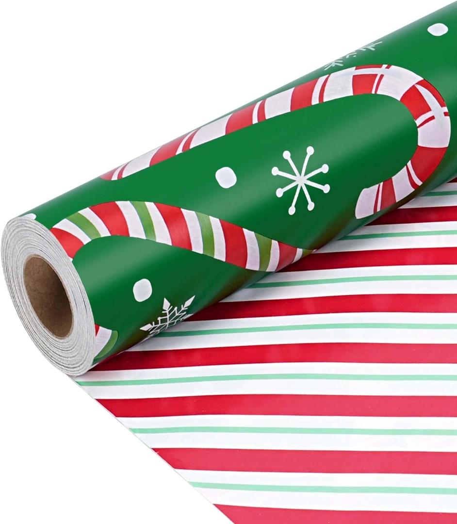 LaRibbons Reversible Green Christmas Wrapping Paper Roll, Classic Candy Cane & Red Striped Gift Wrap for Christmas, Holiday, Winter Party, 17 Inch x 33 Feet