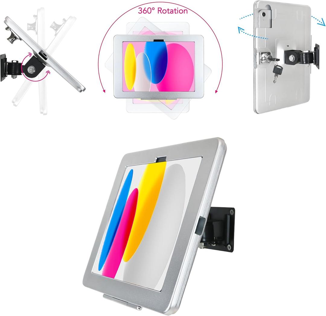 on Wall Mount Bracket for 2025 iPad 11"(A16) 11th / 2022 iPad 10.9" 10th Gen., Excluding Other 10.9"/ 11",with Anti Theft Lock & Key, Rotate Arbitrary Adjustment Angle, Metal,(Silver)
