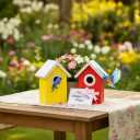 2PK Cedar Bluebird House, Wooden Bird House for Outside, 1.5" Entrance Hole Size, Stainless Steel Entrance Hole Protector, Silver Metal Roof, Colorful Garden Decorative, Pole Mountable (Yellow+Red)