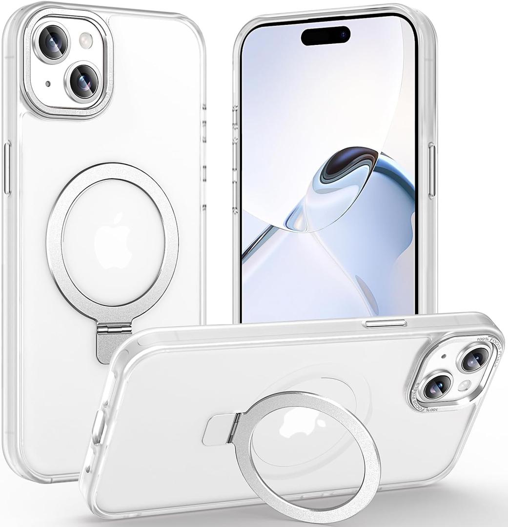 Lufanbis Magnetic for iPhone 15 Case with Ring Stand, [10 FT Drop Protection] [Velvety Touch] Slim Translucent Matte Back Shockproof Phone Case for iPhone 15 6.1'', Frosted White