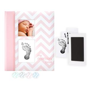 Pearhead Baby Memory Book, First 5 Years Baby Milestone Book, Pregnancy Journal, Gender Neutral Newborn Keepsake, With Clean-Touch Ink Pad For Baby's Handprint or Footprint, Pink Chevron