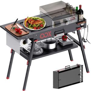 OOX Portable Grill Table with Double-Shelf for Outdoor Prep,Folding Grill Stand Fits Blackstone Griddle 17 Inch 22 Inch, Tabletop Propane Gas Grill Cart, Camping BBQ Cooking, Stainless Steel, Black