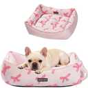 Mora Pets Reversible Dog Bed for Medium Size Dogs Washable - Cool & Warm 2-in-1 Anti Anxiety Calming Pet Bed for Summer, Rectangle Puppy Bed with Non Slip Bottom Cute Pink Bow (30''x24''x8'')