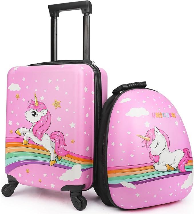 emissary Kids Suitcase for girls, 16" Hardside Unicorn Kids Luggage Set with Spinner Wheels and Backpack, Children Carry on Girls Suitcase Toddler Travel Rolling Luggage Gifts Airline Approved