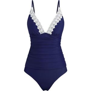 ZAFUL Women's Tankini Sets 2 Piece Swimsuit Deep V Neck Lace Panel Trim Vest Swimwear Tummy Control Bikini, Medium 