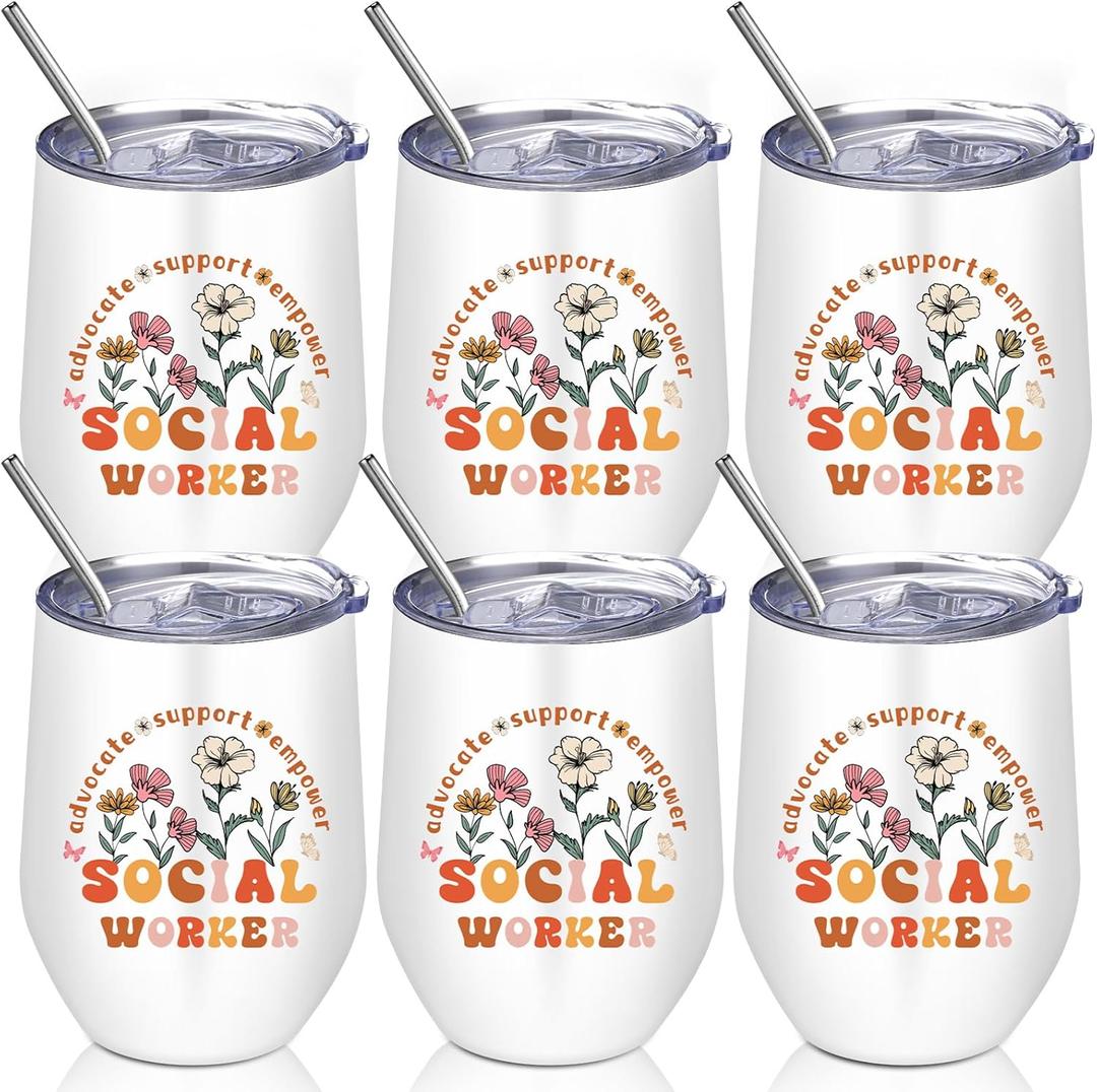 Sieral 6 Pcs Social Worker Gift 12oz Boho Stainless Steel Tumbler with Lid Thank You Coffee Mugs Bulk Social Worker Appreciation Gifts for Volunteers Staff Employee Retirement Gifts