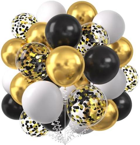 Pack of 3 KALOR Black Gold and White Balloons, 60 Pcs 12 Inch Metallic Gold Chrome Confetti Balloons for Birthday Chrismas Baby Shower Anniversary Wedding New Year Party Decorations