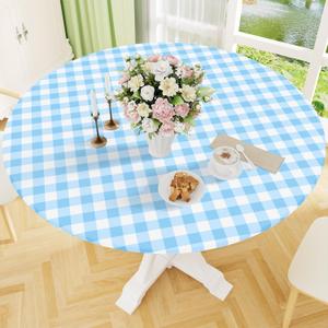 Smiry Round Picnic Tablecloth, Elastic Waterproof Fitted Vinyl Tablecloths for 57"-68" Tables, Flannel Backed Buffalo Plaid Table Cover for Dining, Camping, Outdoor, White and Baby Blue