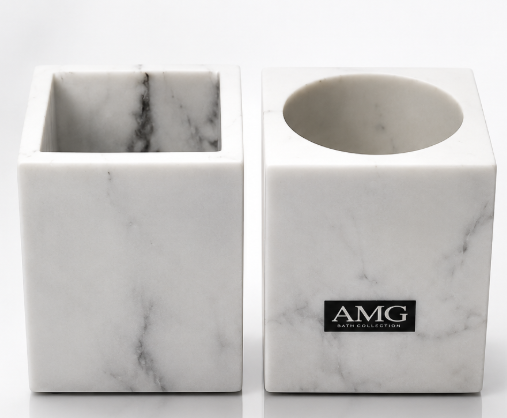 AMG Bath Collection Marble Bathroom Accessories Set – 2-Piece Marble Holder Set, Square and Round Toothbrush Tumbler Holders for Bathroom Countertop, White Marble Finish