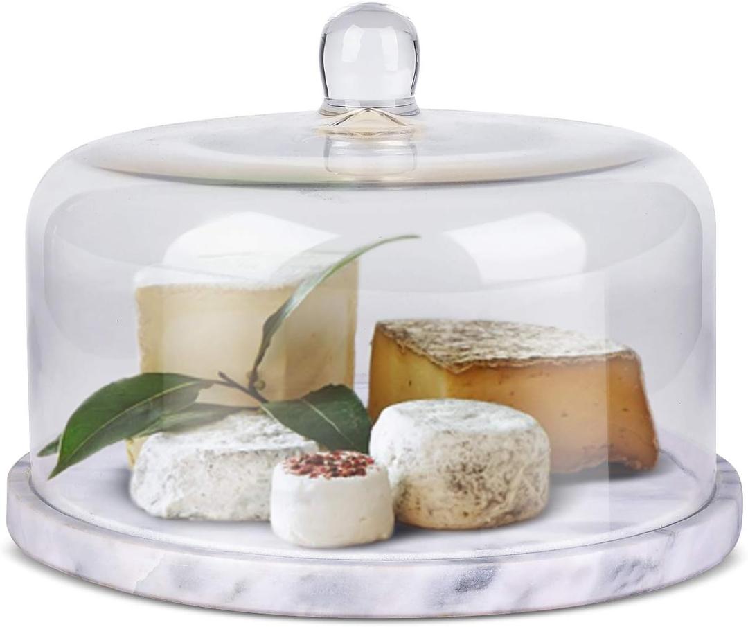 Flexzion Marble Cake Stand with Lid Round Glass Cover Glass Dome Cake Saver Cheese Holder Serving Platter Stone Cake Stand Cutting Board Slab Set for Kitchen Dining Bakery Pastries Display, 11 Inches