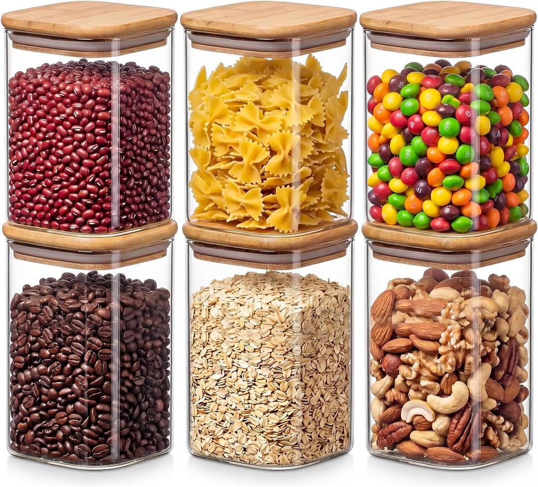 6-Pack 1.2Qt Square Glass Storage Jars with Bamboo Lids, Pantry Storage Containers for Neat Organization, Ideal for Minimalist Kitchen Organizer, Nut, Coffee Beans, Oats, Cookie, Candy, Flour