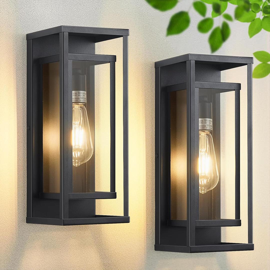 14" Outdoor Wall Lights Fixtures, Black Exterior Lighting Fixtures, Waterproof Outdoor Wall Lantern Modern Front Porch Lights with Clear Glass Coach Lights for Garage, Porch, Front Door 2-Pack