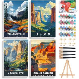 4 Pack Framed Paint by Numbers Kit for Adults with Wooden Easel, National Parks Easy Paint by Numbers with Frame for Beginners, Adult Paint by Number Kits Framed Canvas for Home Decor Gift 8x12 Inch