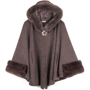 Dahlia Women's Winter Poncho Cape – Luxurious Faux Fur-Trimmed, Shed-Free, Silky Touch, Fleece-Lined Elegant Cloak, Camel Medium