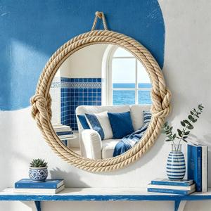 Round Hanging Mirror Nautical Rope Wall Decor for Living Room, Bedroom, Entryway Bathroom Coastal Rustic Farmhouse Decorative Wall Mirror, Beach Style Home Accent (20 Inch Round Hanging Mirror)