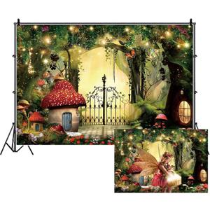 Renaiss 7x5ft Enchanted Forest Backdrop Fairy Tale Garden Magic Mushroom Butterfly Jungle Wonderland Photography Background for Wedding Baby Shower Kids Birthday Party Decor Studio Prop (Green-4)
