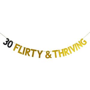 2 x 30 Flirty & Thriving Banner, 30th Birthday Bunting Sign, Dirty Thirty Party Decorations, Dirty 30 Party Sign, Gold and Black Glitter