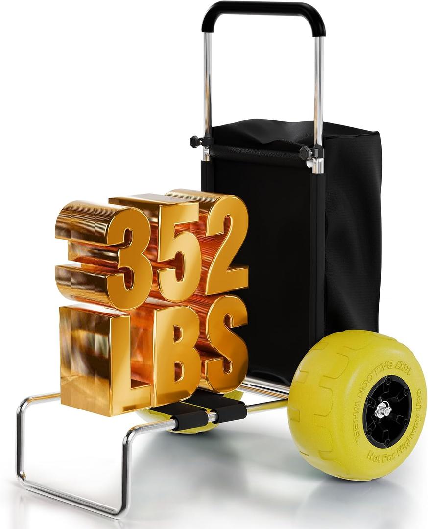 PYY Beach Cart with 13" Big Balloon Wheels for Sand - 352LBS Loading Capacity, Lightweight Folding Aluminum Beach Dolly Wagon Trolley Buggy with 15"*23" Large Cargo Deck, 33"-51.6" Adjustable Handle