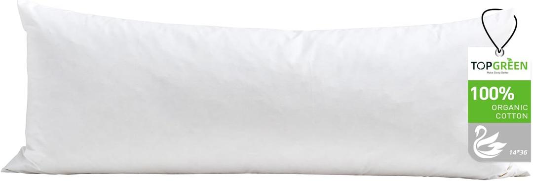 TOPGREEN Feathers Down Pillow Insert 14x36, 100% Organic Cotton Shell, Large Lumbar Pillow Insert, Decorative Throw Pillow for Living Room Sofa, Couch, or Bed (White) (14X36 Inch (Single))