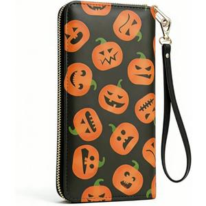 Halloween Pumpkin Wallet for Women, PU Faux Leather Zip Around Wallet with Wristlet, 12 Card Slots Large Capacity Credit Card Holder