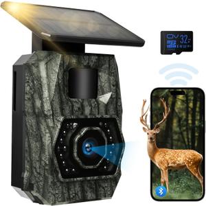 MAXDONE Solar Trail Camera WiFi Bluetooth - 64MP 4K Game Camera with 5200mAh Rechargeable Battery, 0.1s Trigger 65ft Night Vision, IP66 Waterproof Trail Cam with 32GB TF Card for Outdoor Backyard
