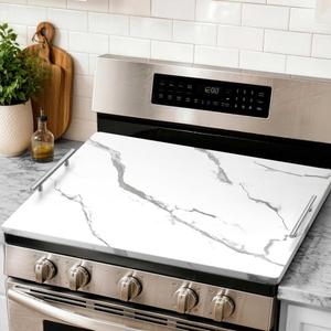 FUSOUBOTY Noodle Board Stove Cover with Handles, Stove Top Covers for Gas Burners and Electric Stove, Wood Stove Cover Board Decorative Serving Tray Kitchen Sink Cover for Counter Space (White Marble)