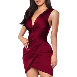 Womens Sexy Ruffle Elegant Bridesmaid Formal Evening Dress Elegant Curvy Wedding Guest Midi Dress (Medium, Burgundy453)