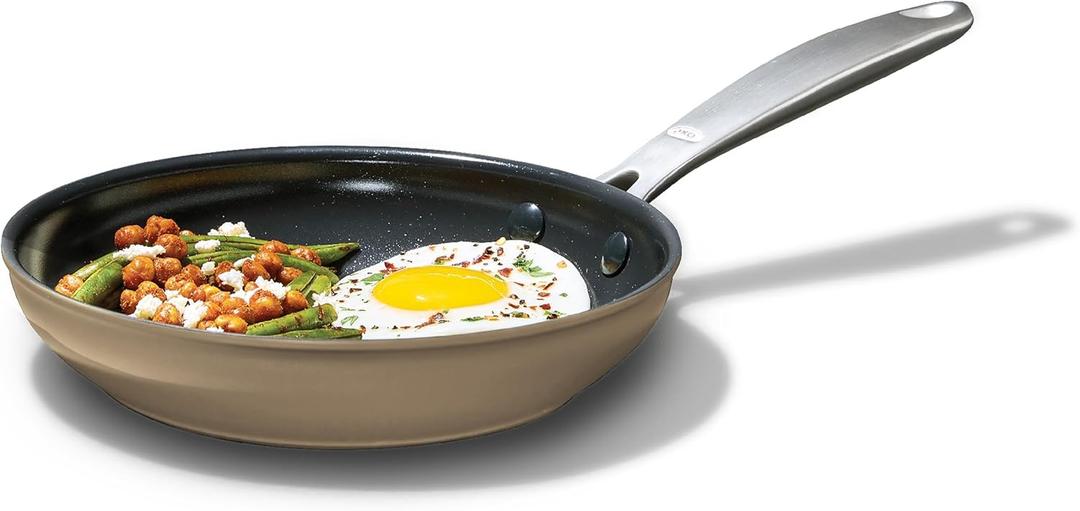 OXO Enhanced 8 Nonstick Frying Pan Skillet, Ceramic PFAS-Free Cookware, Stainless Steel Handle, Eggs & Omelets, Dishwasher & Oven Safe, Biscuit Brown