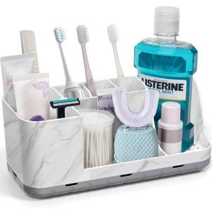 Bathroom Organizers and Storage, 8 Slots Detachable Toothbrush Holders for Bathrooms, Anti-Slip Bathroom Countertop Organizer with Drainage Hole Vanity Storage (Marble)