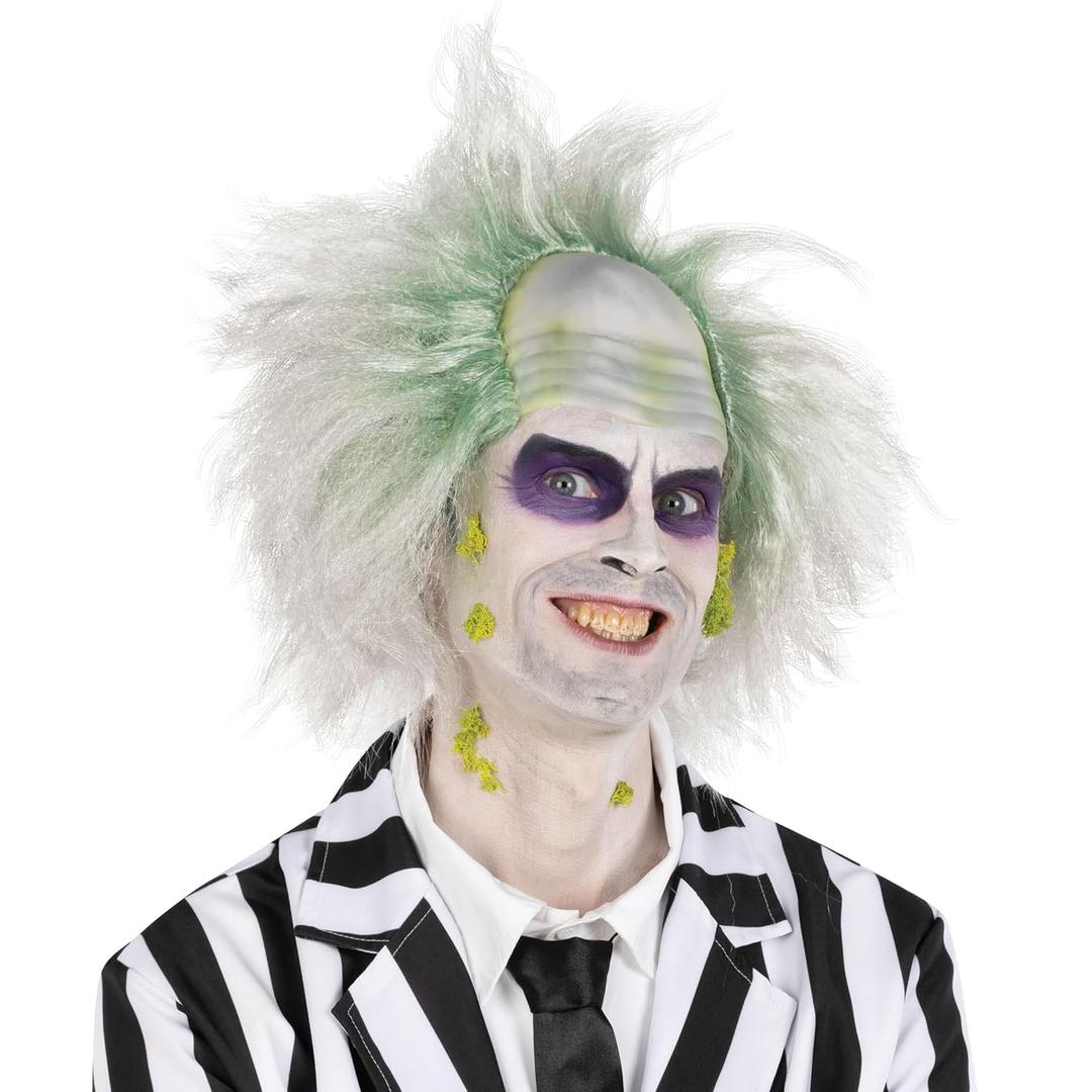 Morph Beetle Wig White Frizzy Hair Wig with Green Roots and Bald Cap for Halloween Costume for Men and Women, One Size