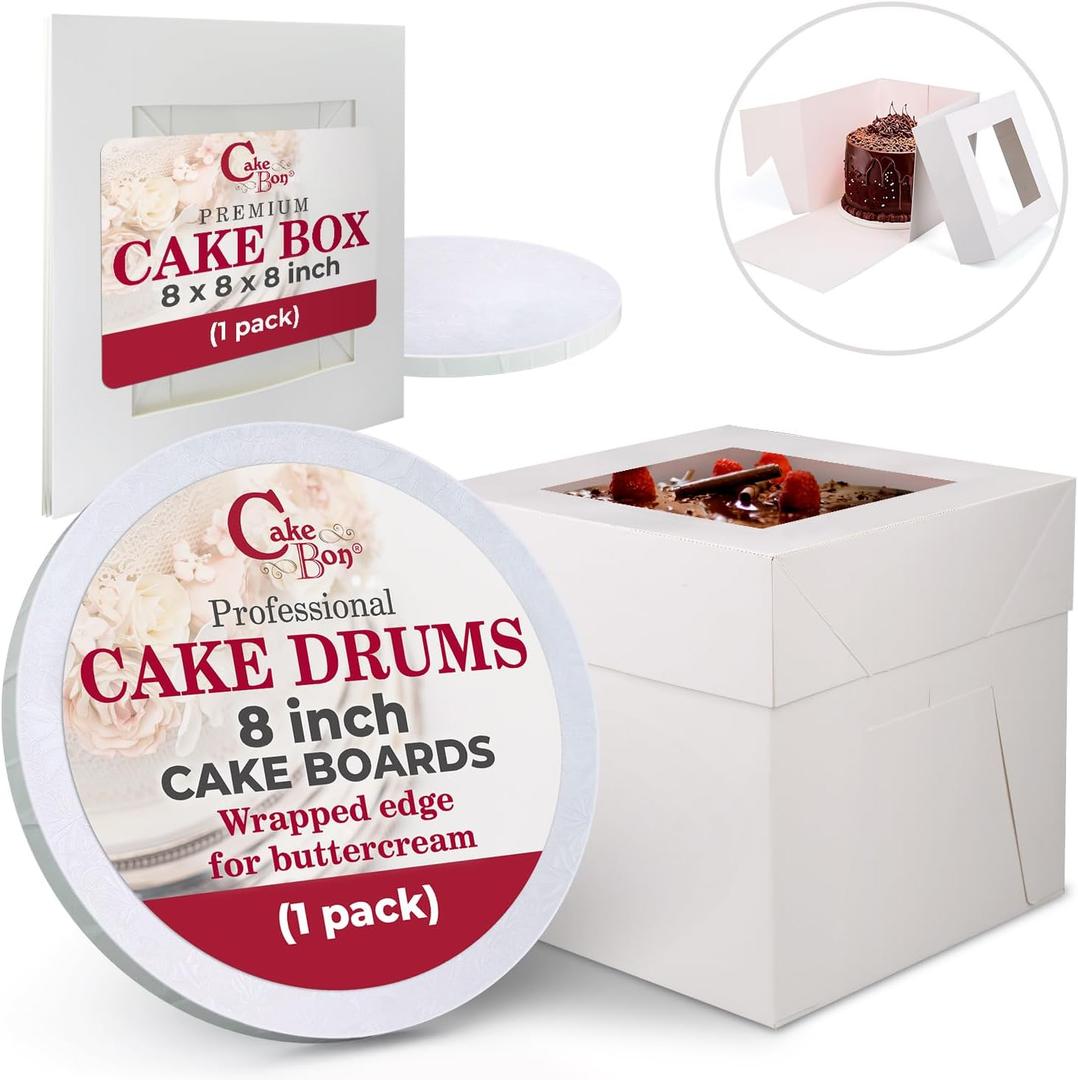 Cakebon Cake Boxes with Drums - 8 Inch Round White Cake Boards/Base Para Pasteles (1-Pack) - Caja Para Pasteles With Window for Birthdays, Weddings and Parties