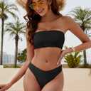 ZAFUL Women Strapless Textured Bandeau Bikini 2 Piece Swimwear Cheeky Solid Lace up Bathing Suits (Black, M)