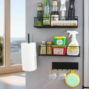 Magnetic Spice Rack for Refrigerator Magnetic Fridge Shelf for Kitchen Spice Organizer Magnetic Shelf, Classic Grid Design, 2*Spice Racks, 1*Hooks Rack, 1*Paper Towel Holder, 5*Removable Hooks