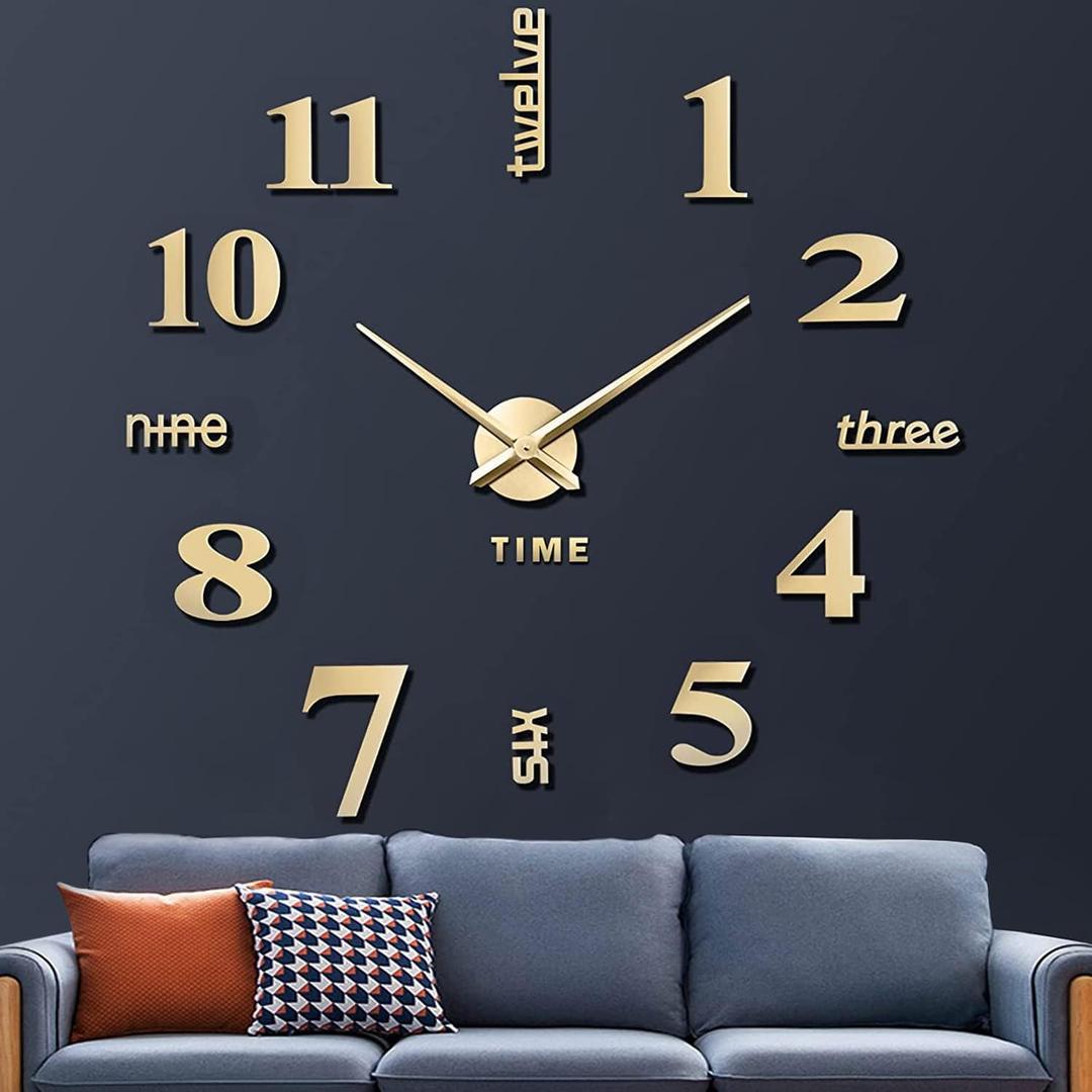 VREAONE Frameless DIY Wall Clock,Large Modern 3D Mirror Wall Clock Decor Sticker DIY Clock kit for Home Living Room Bedroom Office Wall Decorations(Gold)