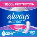 Always Discreet Adult Incontinence Pads for Women, Drier, 4 Drop Long Length, Moderate Absorbency, Pads for Bladder Control Management, Bladder Leaks, & Postpartum Pads, 162ct