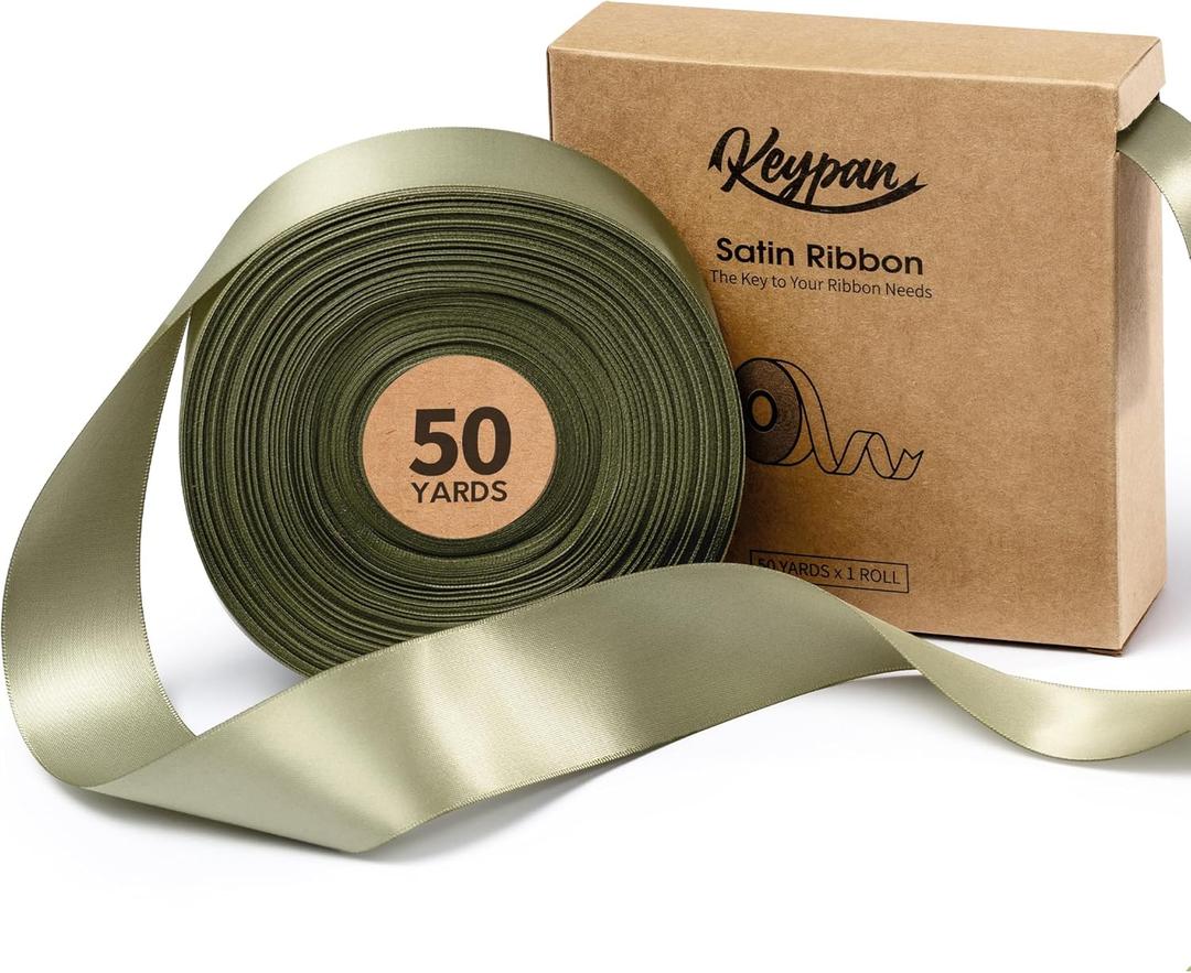 Keypan Sage Green Satin Ribbon 1-1/2 Inch x 50 Yards Double-Faced Ribbons for Gift Wrapping Crafts Flower Bouquet Wedding Paper Bows Invitations
