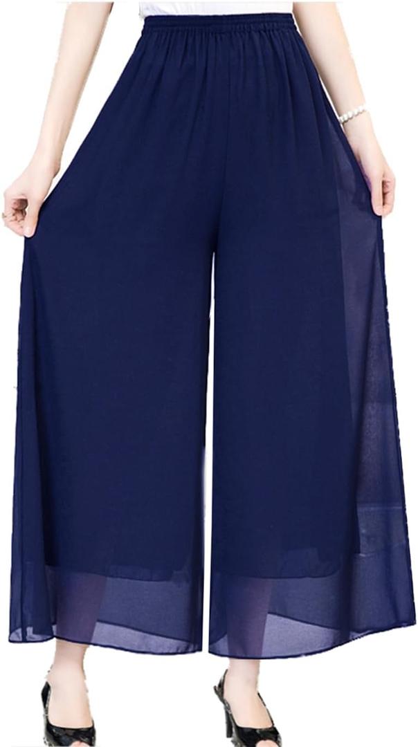 Fakanhui Women's Chiffon Wide Leg Palazzo Pants High Elastic Waist Casual Flowy Business Trousers (Blue, L)