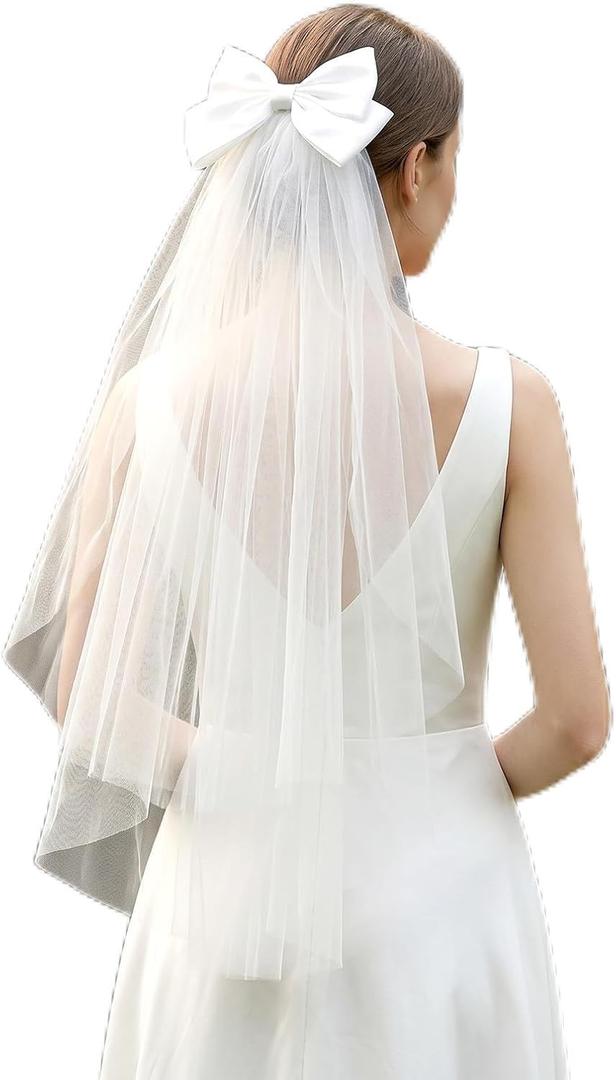 27 Inch Bachelorette Veils with Bow, Bridal Veil - Elegant Tulle Comb Hold, White Bride Veil, Bridal Bridesmaid Gift for Women and Girls