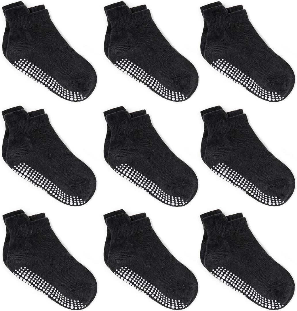 ZAPLES Baby Non Slip Grip Ankle Socks with Non Skid Soles for Infants Toddlers Kids Boys Girls, Black, 4-7 Years