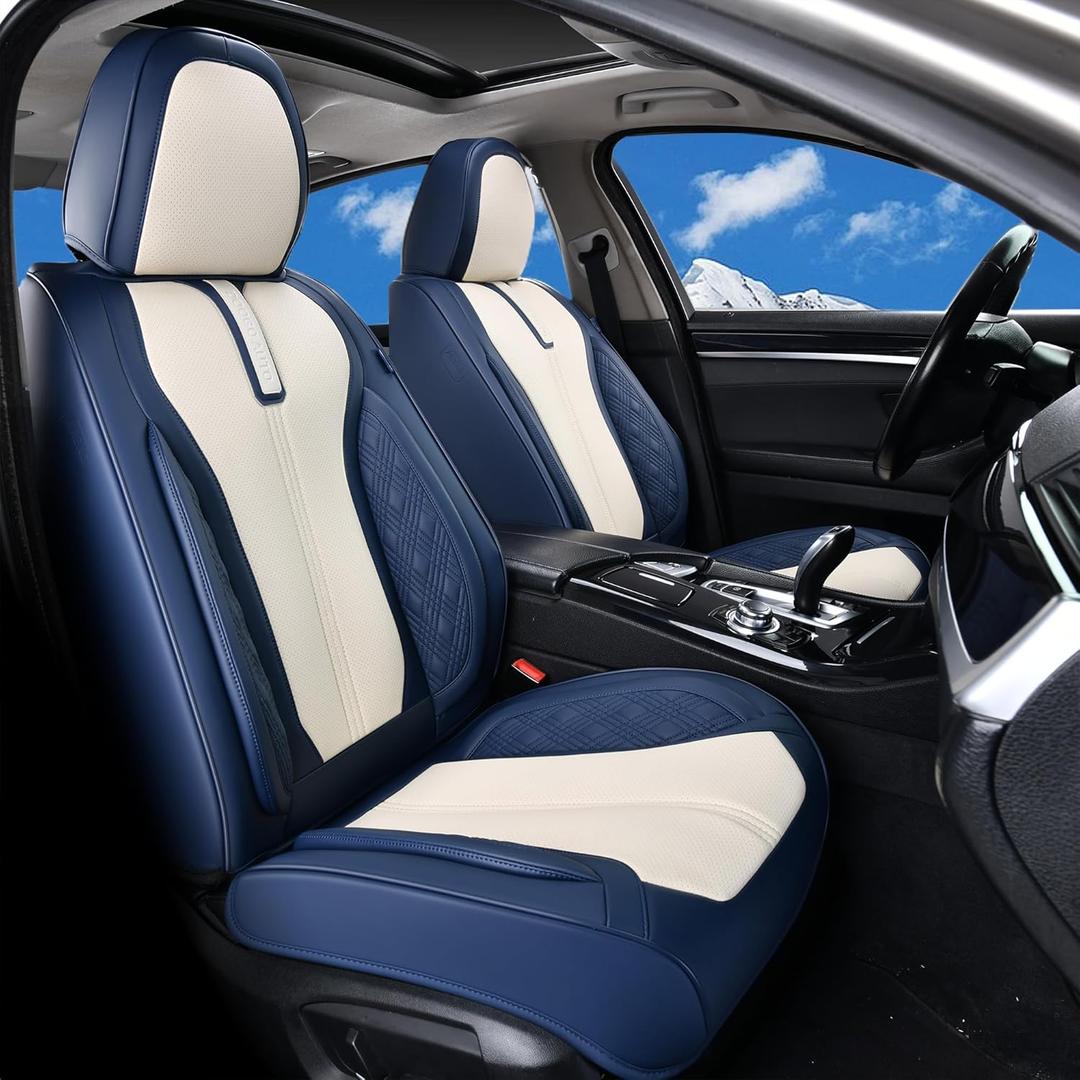 Doogo Automotive Seat Covers, Breathable&Waterproof Car Seat Cover, Leather Seat Covers Front Pair Universal Interior Covers Fit for Most Sedan Truck SUV (Blue&White, 2PCS)