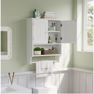 Smuxee White Bathroom Cabinet Wall Mounted with Towels Bar, Bathroom Medicine Cabinet with 2 Door Adjustable Shelves, Over Toilet Cabinet for Bathroom Laundry Room Kitchen
